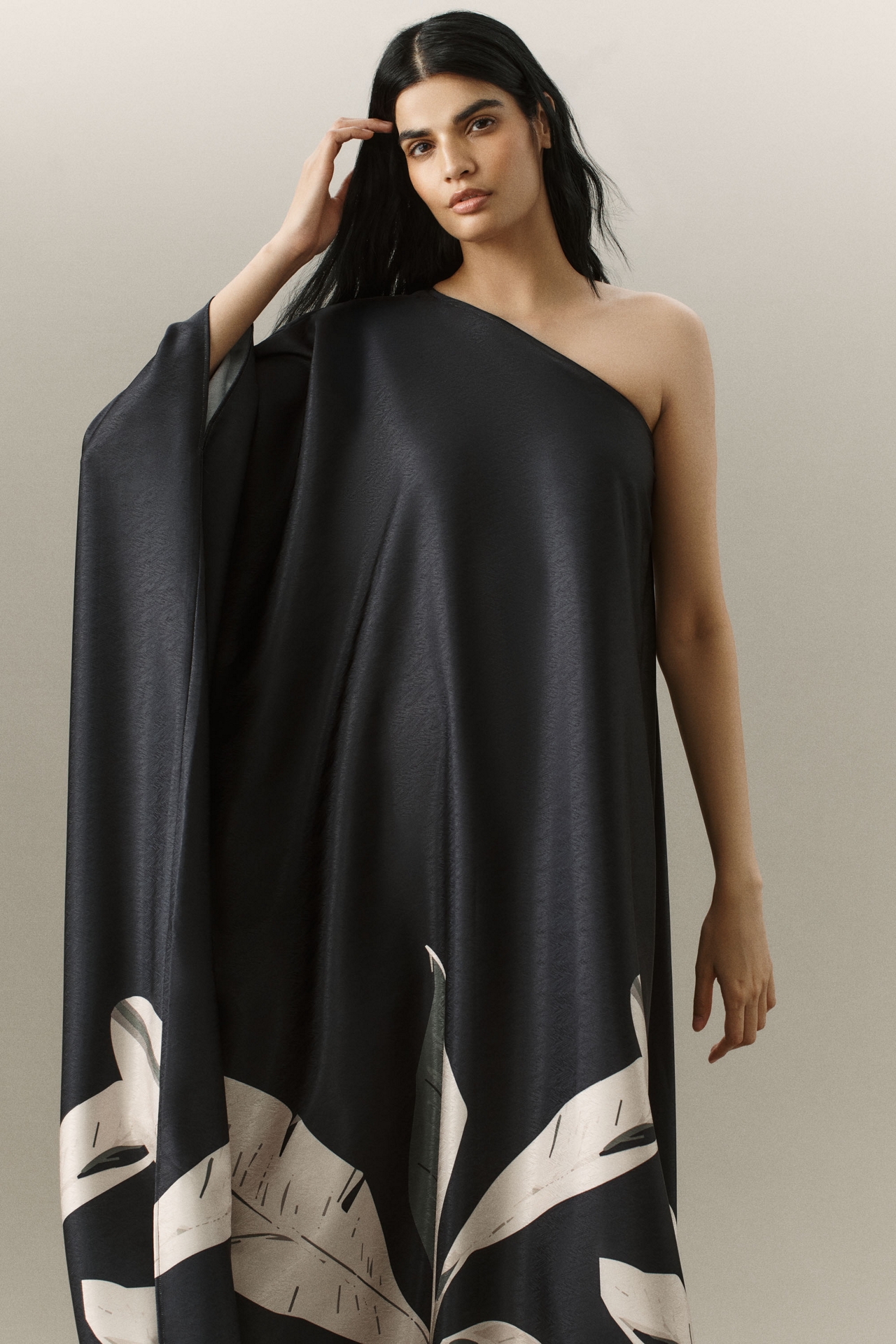 DIARRABLU Satu Printed Long-Sleeve One-Shoulder Maxi Dress