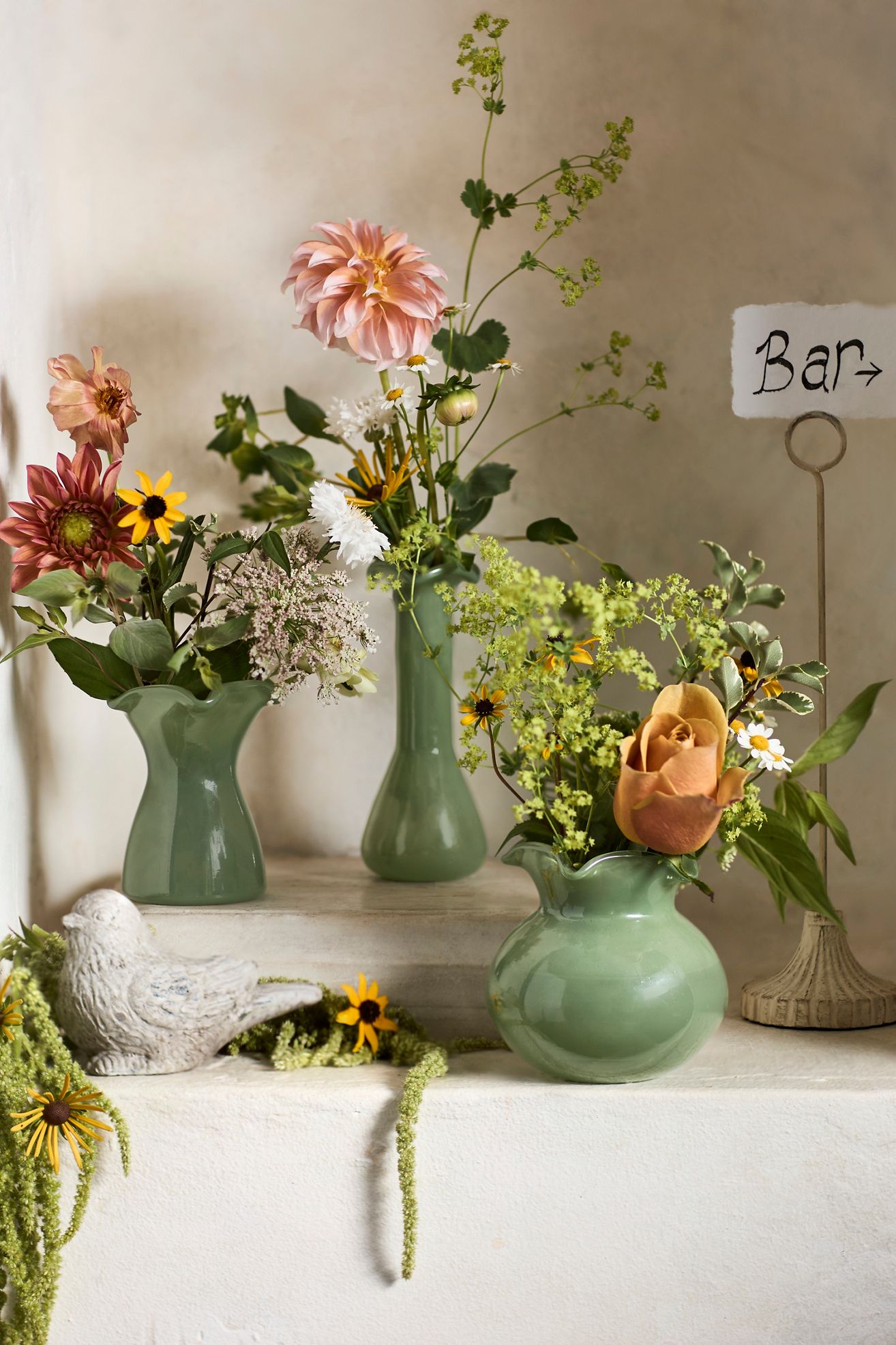 Glass Ruffle Bud Vases, Set of 3 - Green, One Size