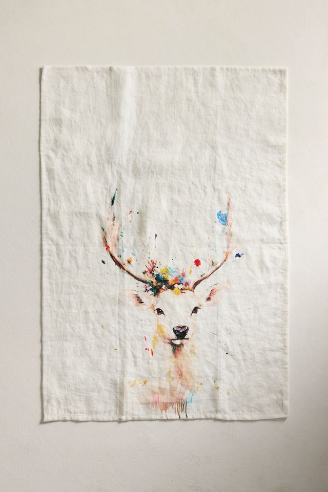Painterly Deer Linen Dish Towel #1
