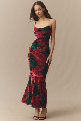 Hutch Tylia Ruched Floral Velvet Maxi Dress In Multi