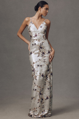 Dress The Population Cammie Sleeveless V-neck Sequin Maxi Dress In White