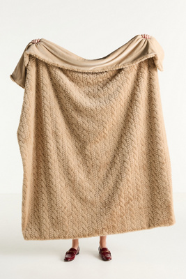 Anthropologie Faux-fur Cable-knit Sweater Throw Blanket In Nude
