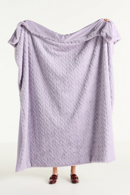 Anthropologie Faux-fur Cable-knit Sweater Throw Blanket In Purple