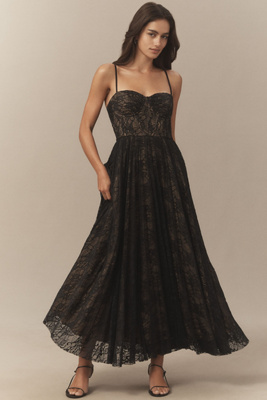 Hutch Amara Corset Pleated Lace Fit & Flare Midi Dress In Black
