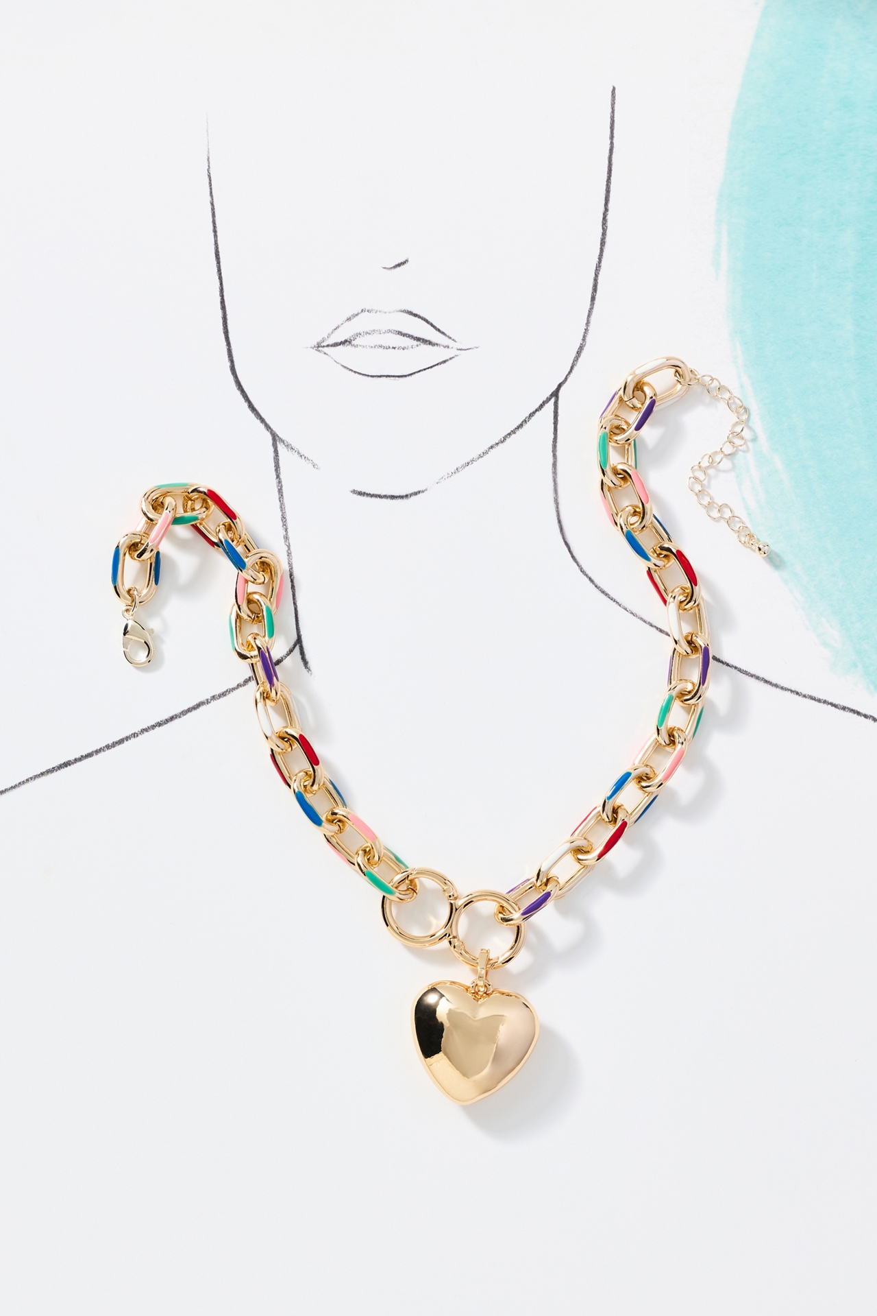 Multicolor Link Heart Pendant Necklace