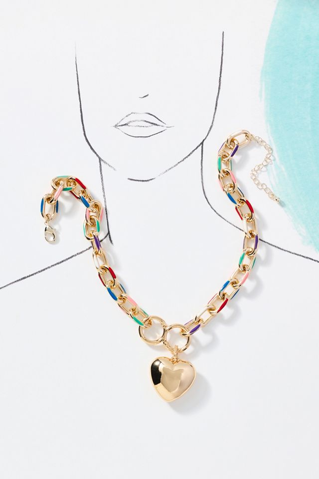 Multicolor Link Heart Pendant Necklace
