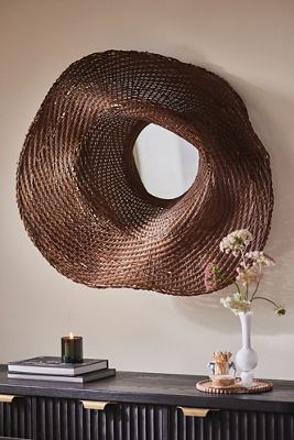 Undulating Woven Rattan Round Mirror