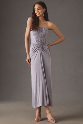Bhldn Strapless Slim Ruched Jersey Midi Dress In Gray