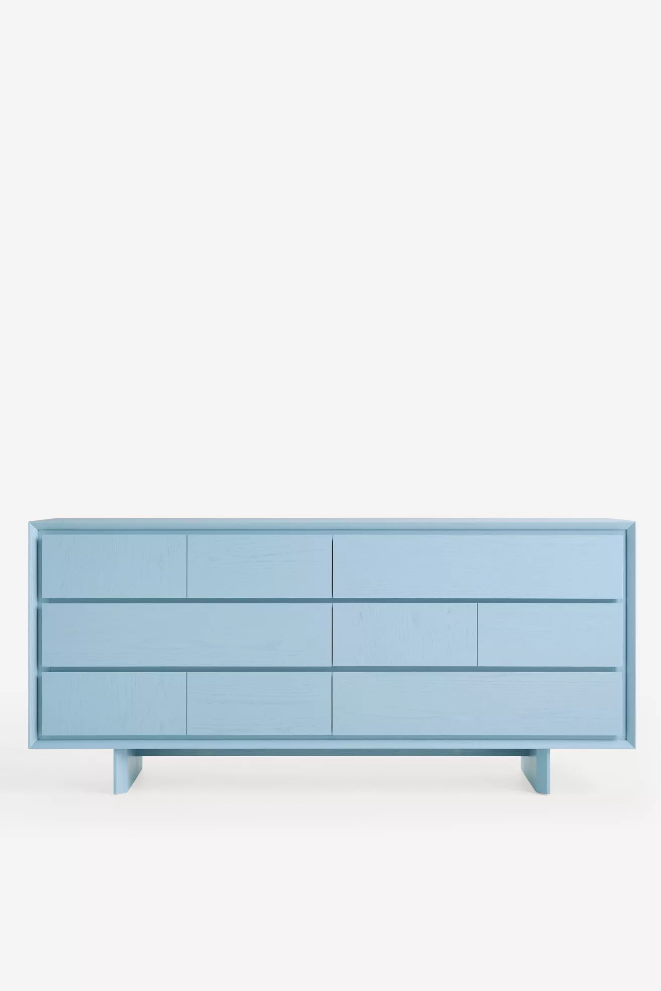 a side view shot of the blue six-drawer dresser