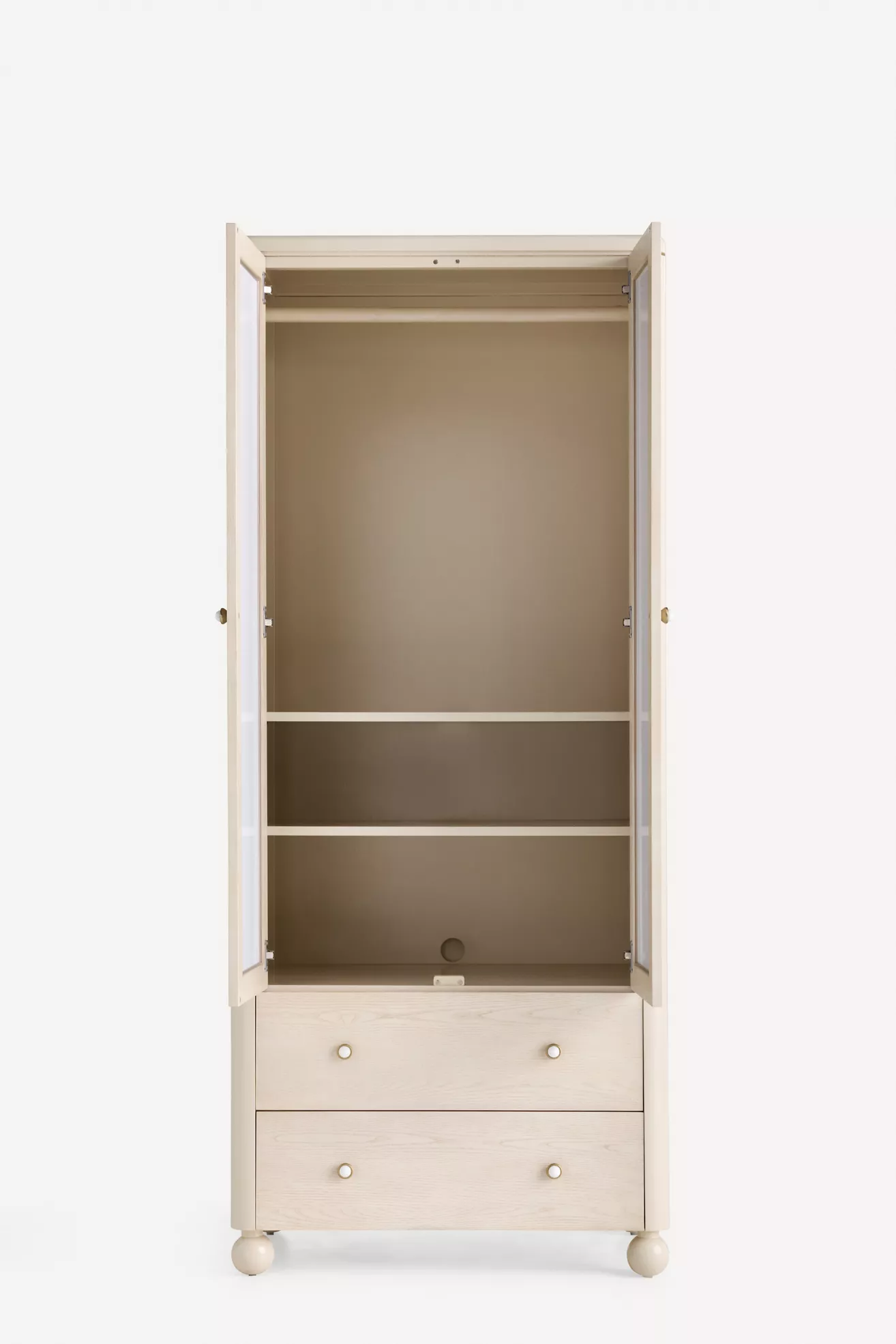 Open doors interior of Tasha Lacquer Armoire showing shelves