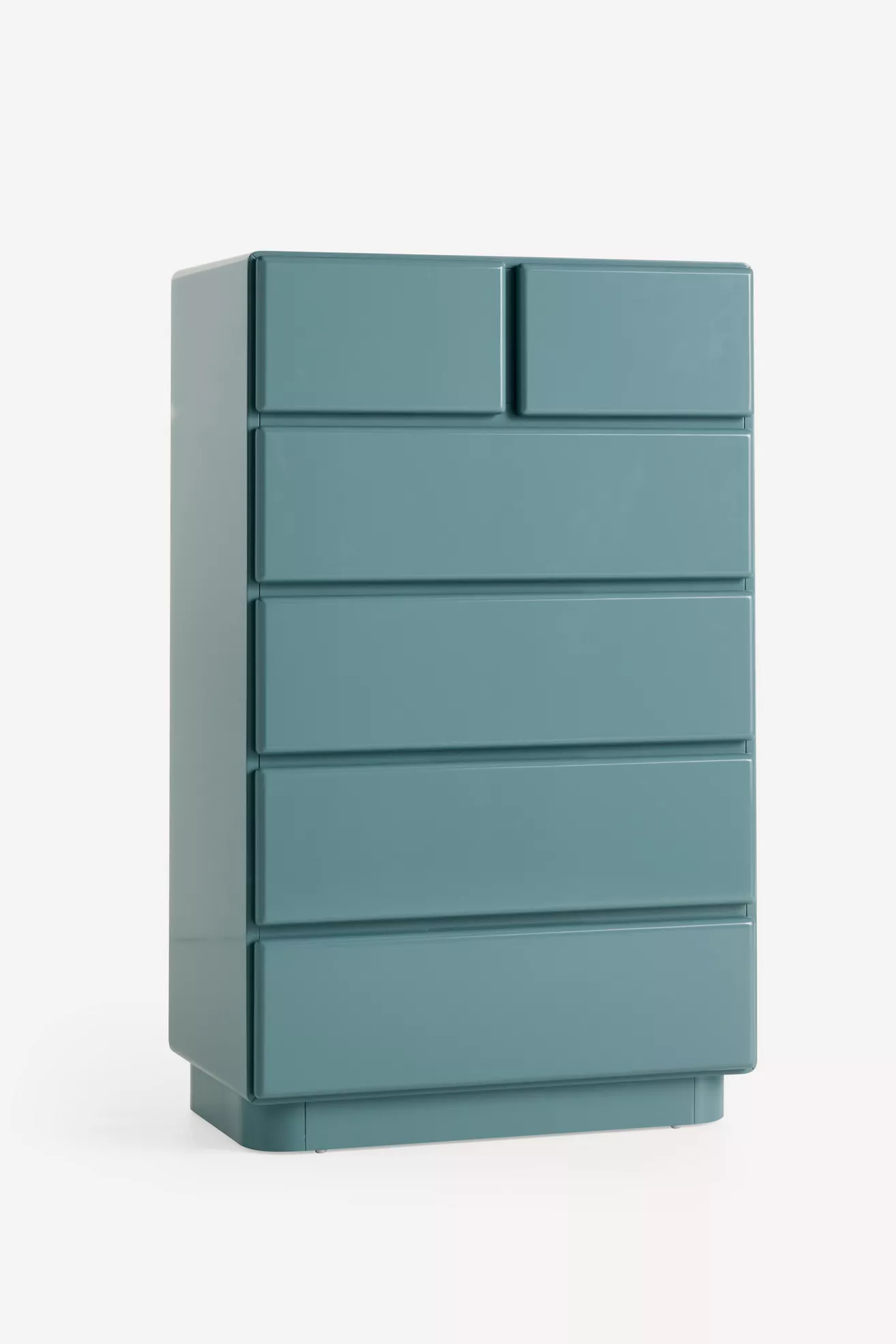 Teal blue six-drawer dresser angled view