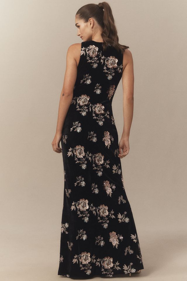 Mac Duggal High-Neck Velvet Column Maxi Dress