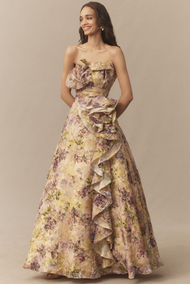 Mac Duggal Strapless Floral Velvet Maxi Dress In Multi