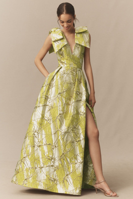 Mac Duggal Layered Shoulder Bow Metallic A-line Maxi Dress In Multi