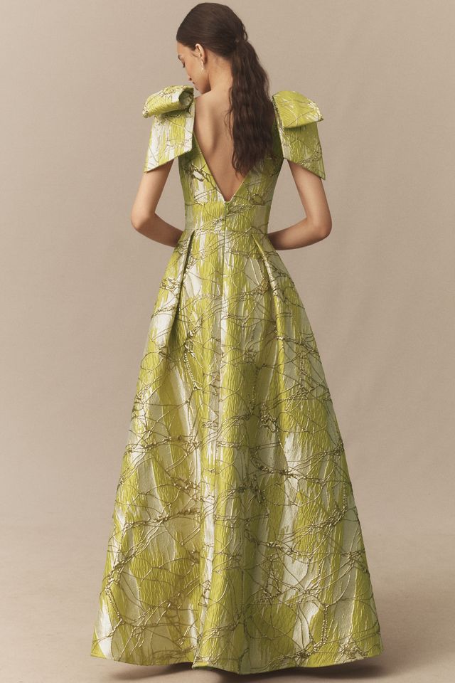 Mac Duggal Layered Shoulder Bow Metallic A-Line Maxi Dress #1