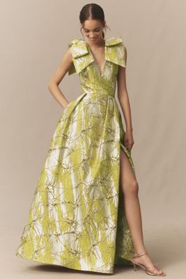 Mac Duggal Layered Shoulder Bow Metallic A-Line Maxi Dress
