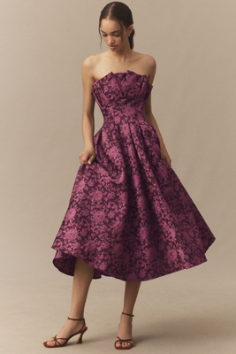 Mac Duggal Strapless Floral Brocade A-line Midi Dress In Pink