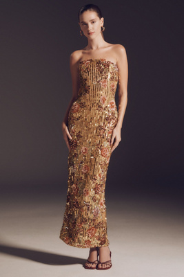 bahia maria x anthropologie maui strapless column maxi dress Hoja Rota Dress In Black
