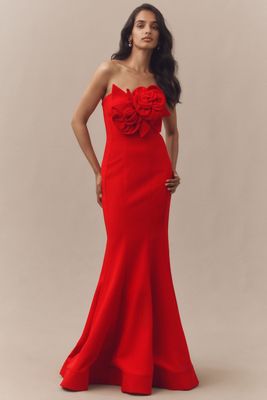 Mac Duggal Pleated Flutter-Sleeve Deep-V Empire-Waist Gown