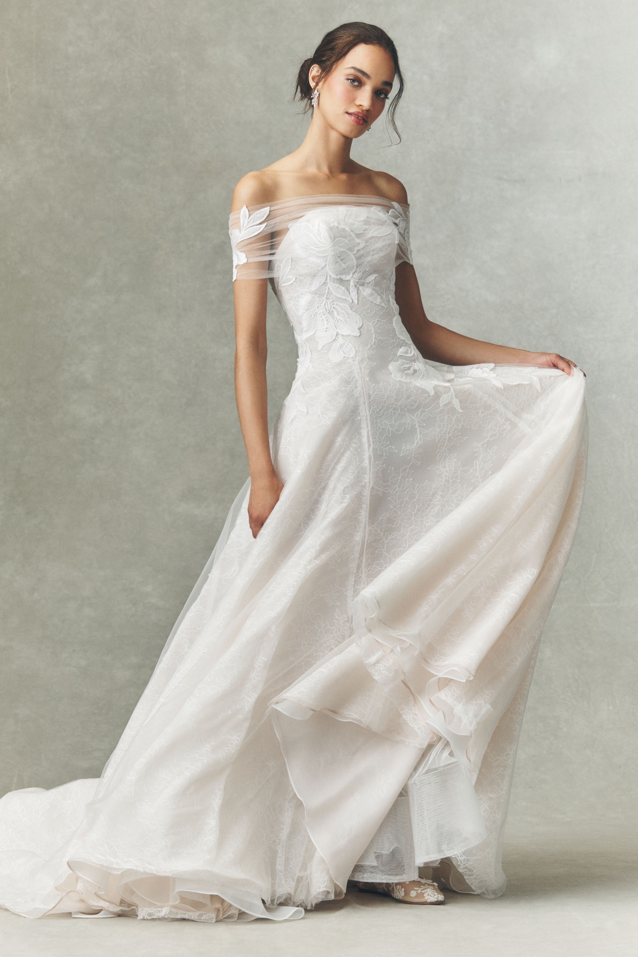 Jenny by Yoo Carmella Off-Shoulder Appliqué Lace A-Line Wedding Gown