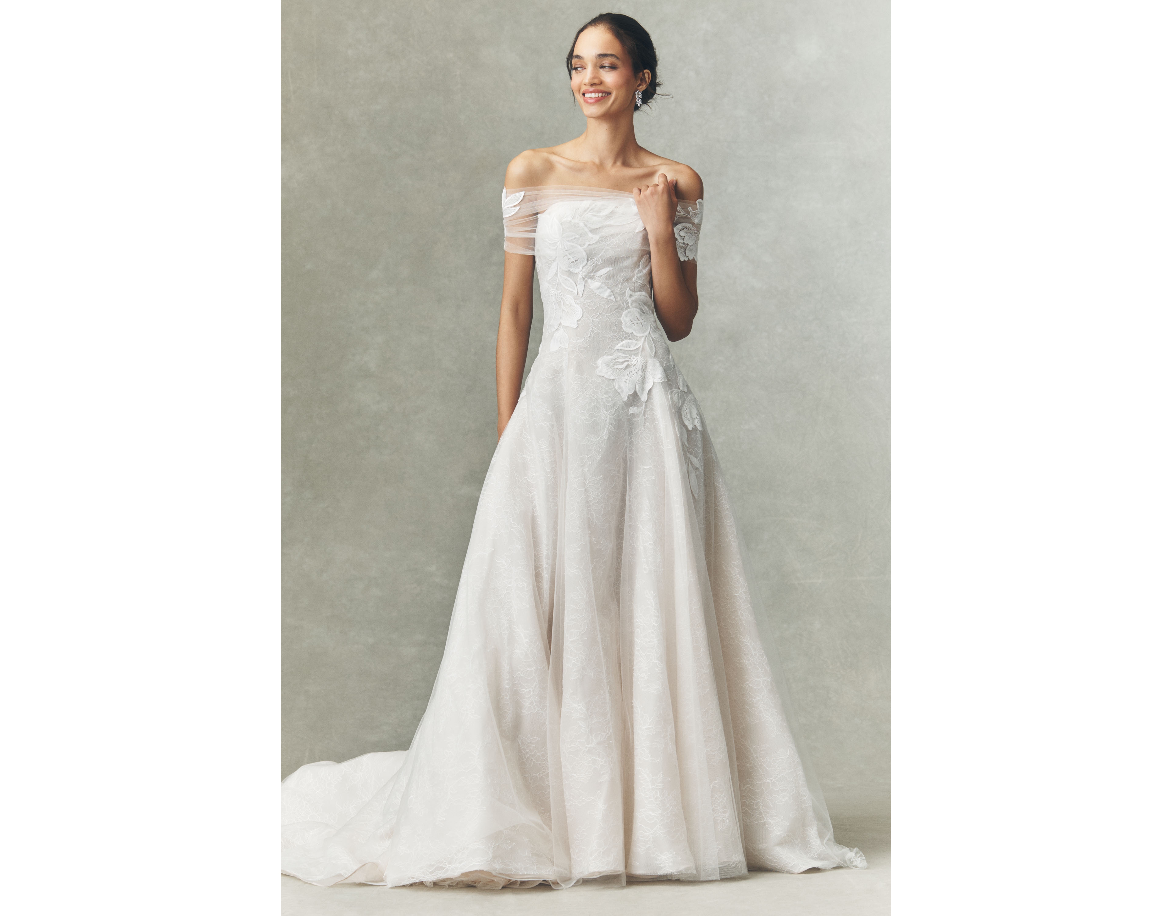 Jenny by Yoo Carmella Off-Shoulder Appliqué Lace A-Line Wedding Gown