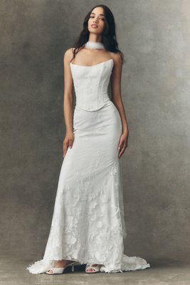 Watters Marlowe Strapless Lace Corset Wedding Gown In White