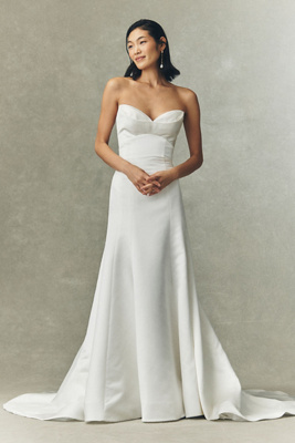 Watters Lucette Strapless Satin Wedding Gown In White