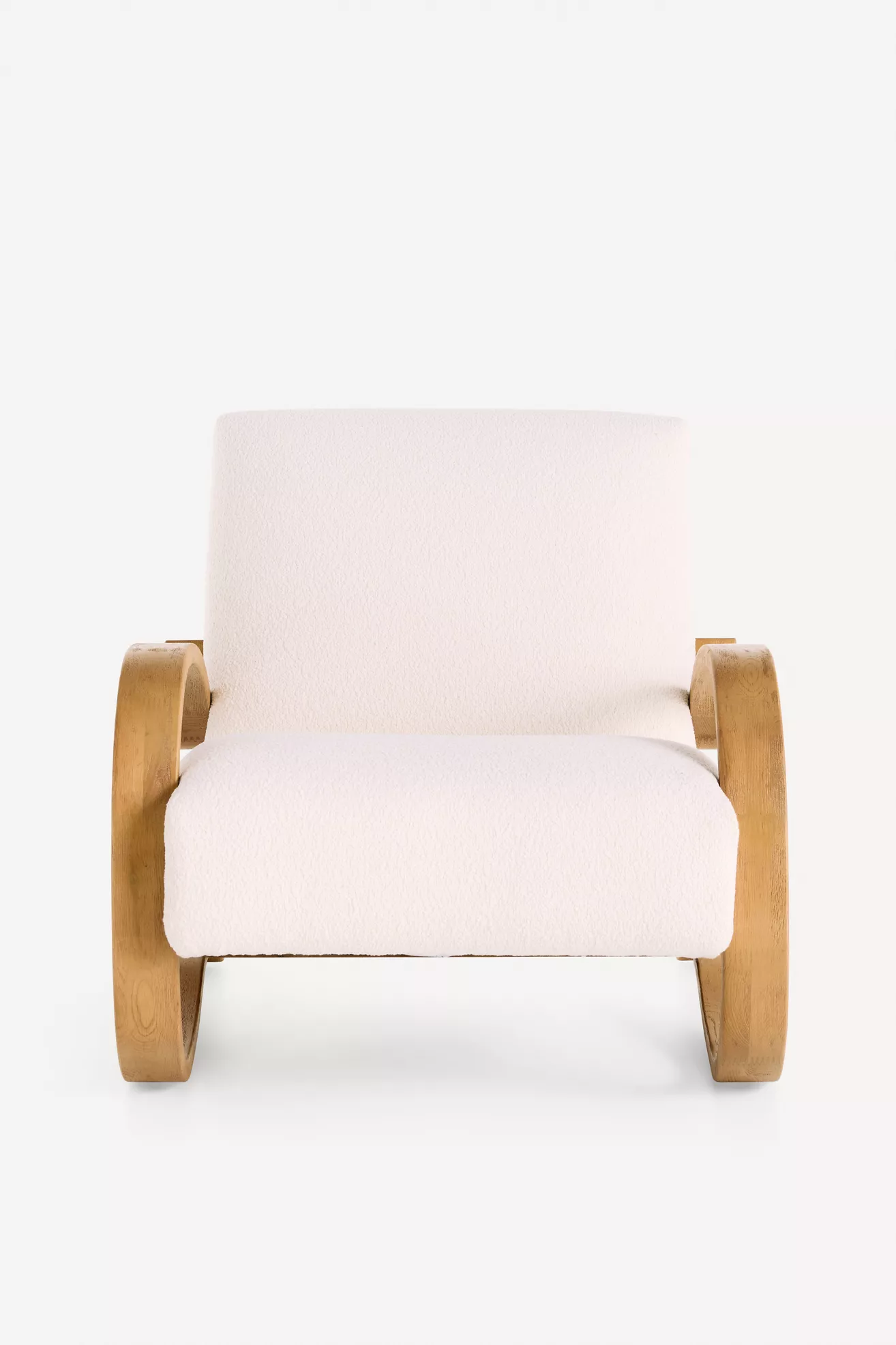 Front-facing view of Herbin Wood Lounge Chair showing white upholstery and wooden armrests