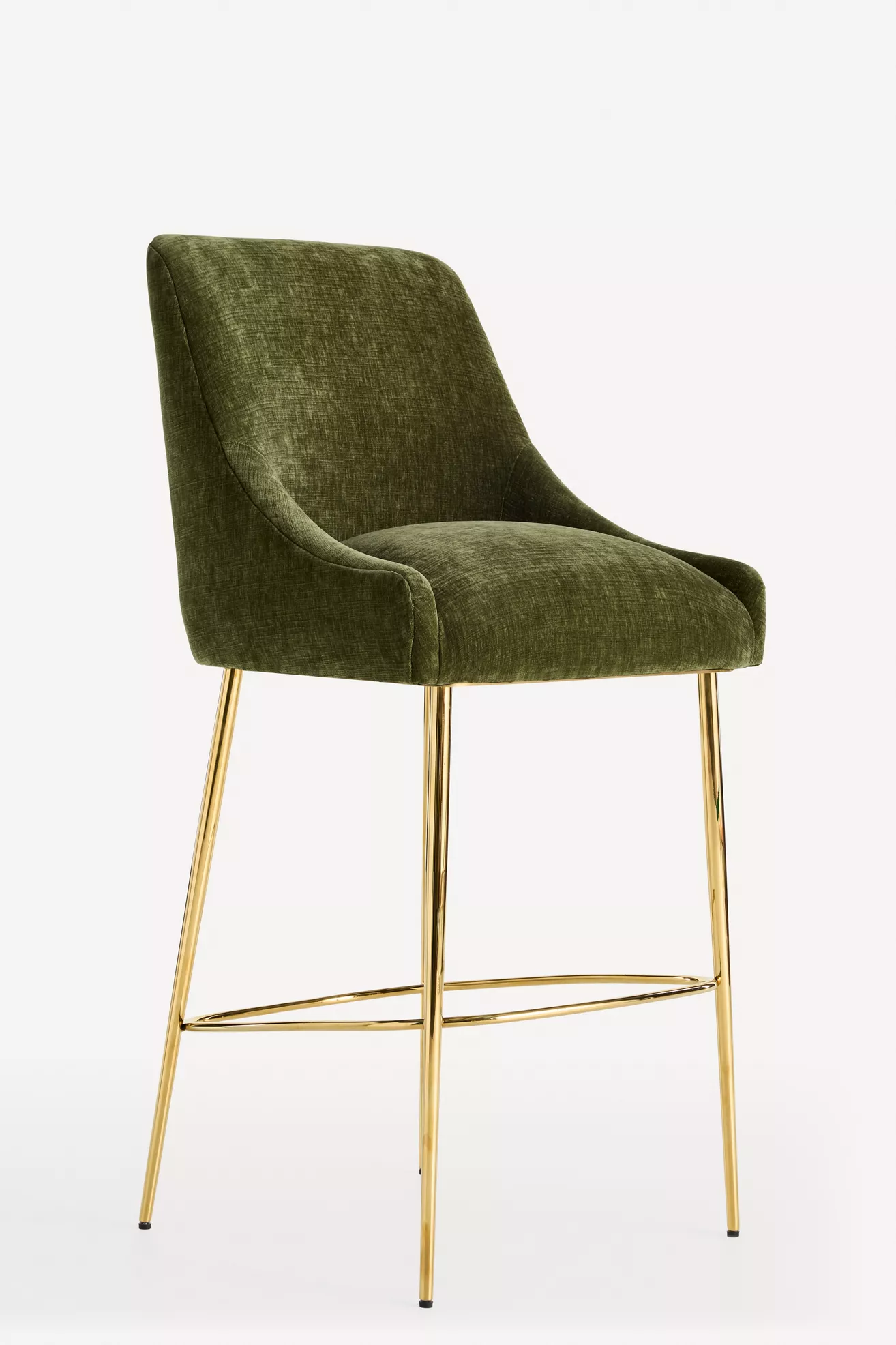 Green velvet bar stool with gold metal legs and circular footrest