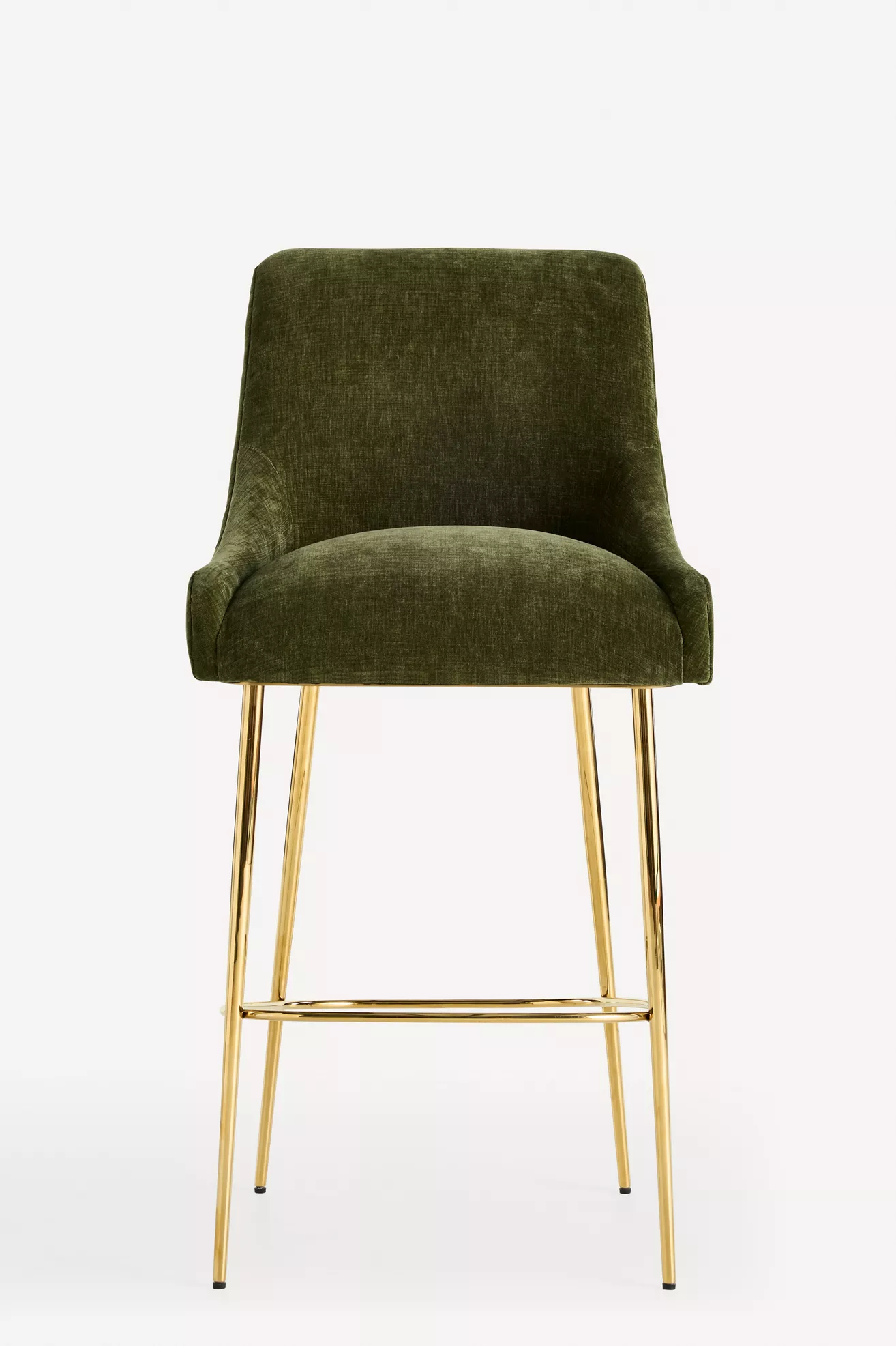 Front view of green velvet bar stool with gold metal legs