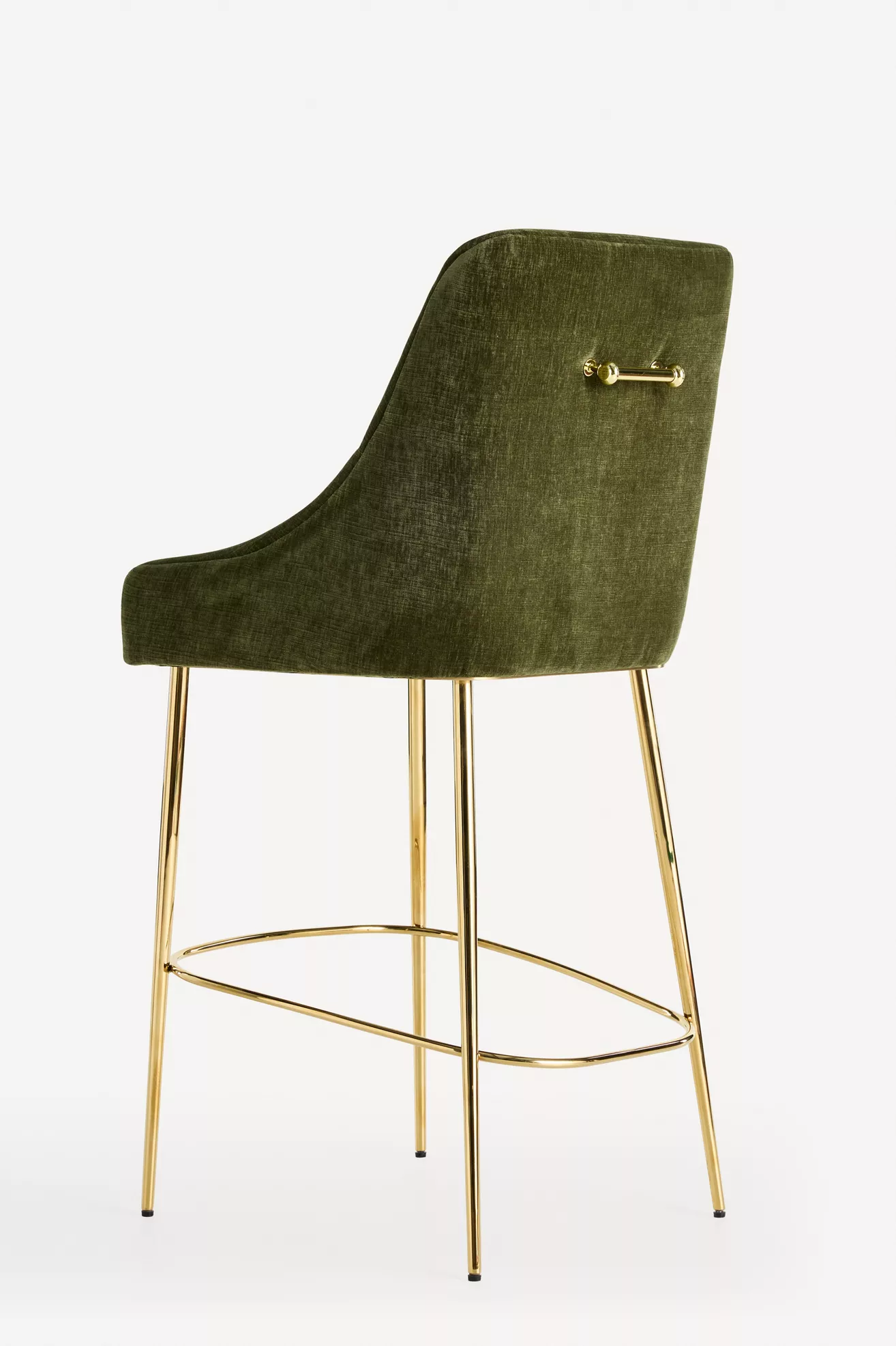 Rear three-quarter view of green velvet bar stool with back and legs