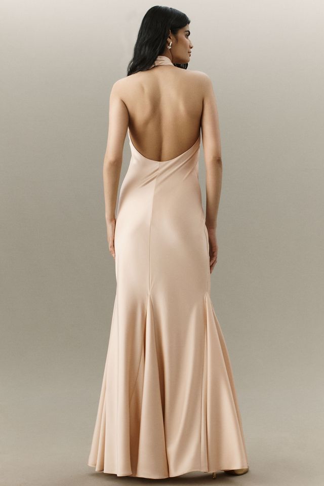 Halston Ninette Halter Satin Mermaid Maxi Dress #1