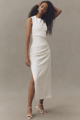 Bhldn Sleeveless High-neck Structured Ruched Midi Dress In White