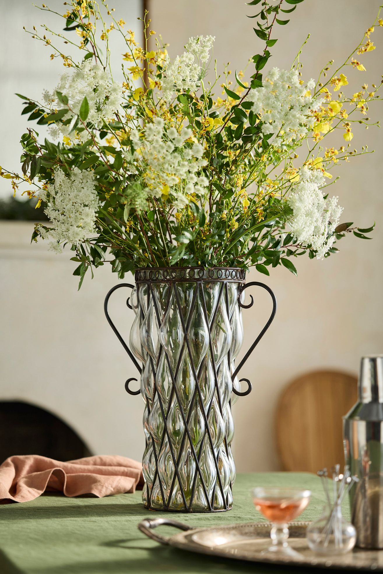 Double Handle Iron + Glass Vase - Clear, One Size