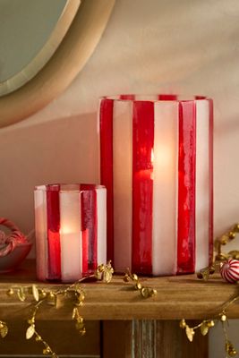 Candy Cane Frosted Glass Votive Holder