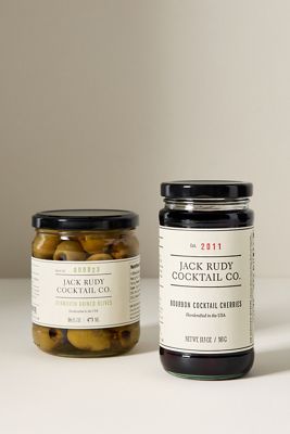 Jack Rudy Cocktail Co. Bourbon Cocktail Cherries & Vermouth Brined Olives, Set of 2