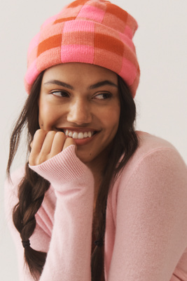 Maeve Gingham Knit Beanie In Pink