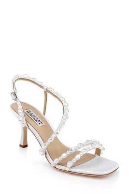 Badgley Mischka Gretta Pearl Strappy Mid Heel Sandals In White