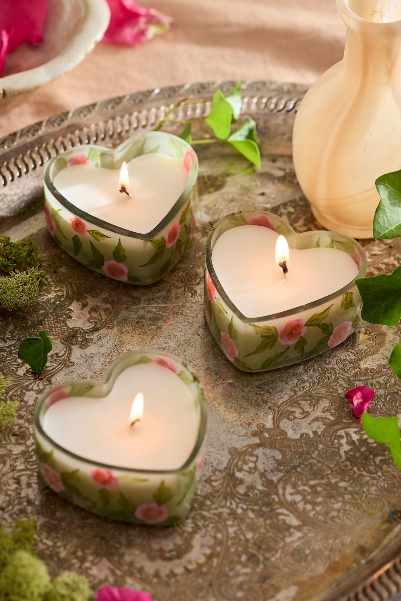 Peony Blush Heart Candles, Set of 3 Mini - Moss, Standard, S