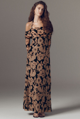 Afrm Arielle Burnout Velvet Off-shoulder Maxi Dress In Brown