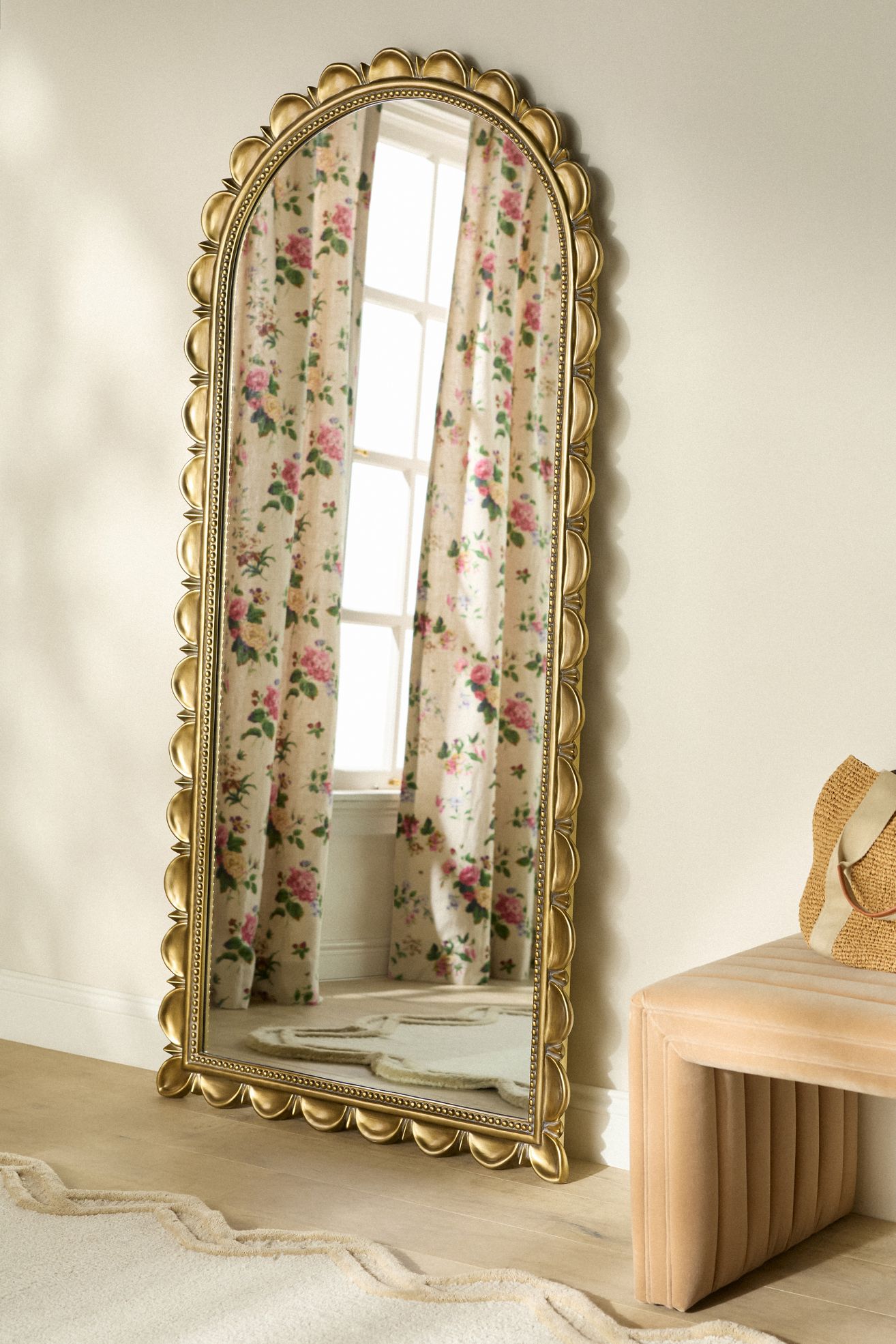 Louisa Scalloped Arched Floor Mirror - Brass, One Size