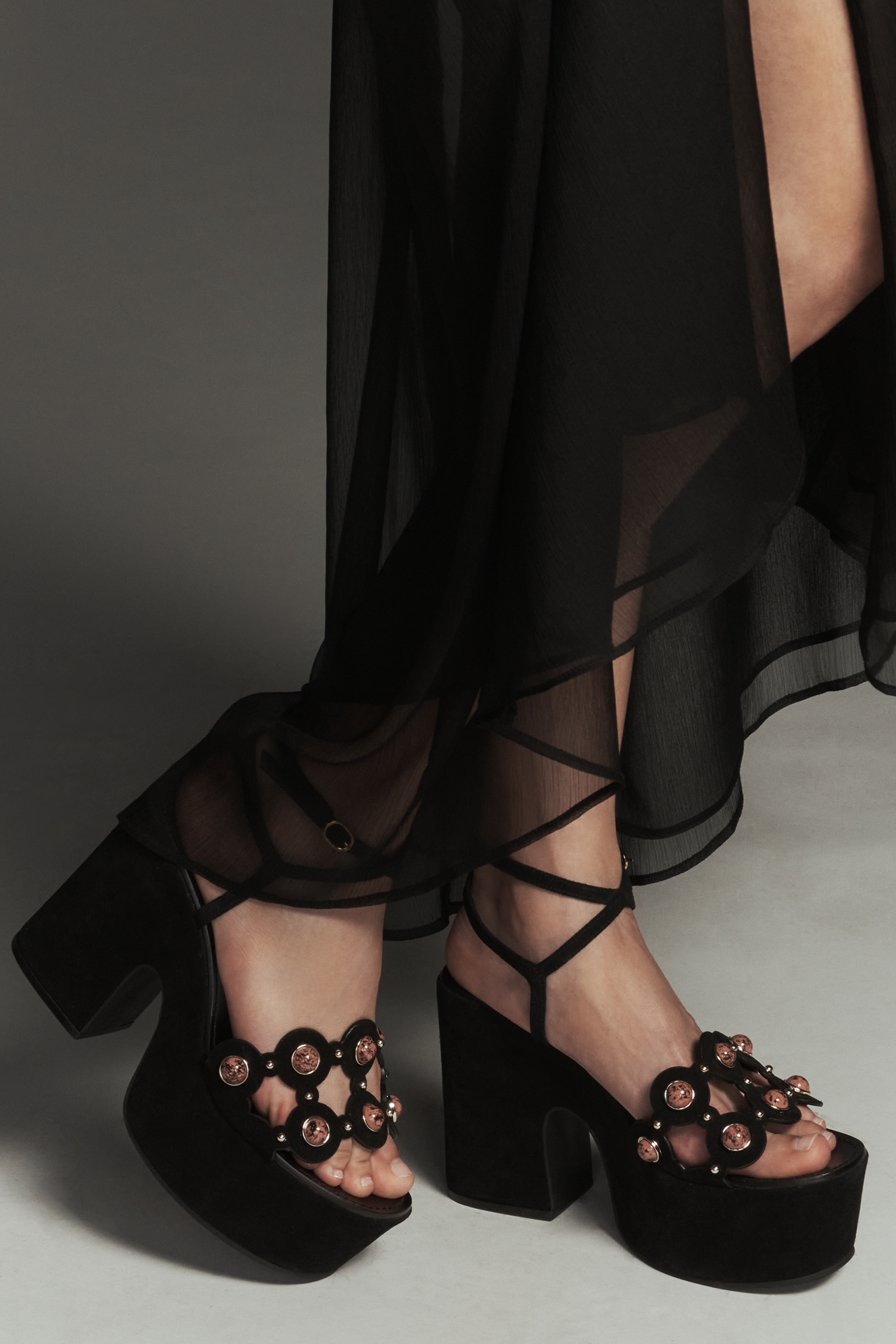 By Anthropologie Stone-Detail Ankle-Strap Platform Heels