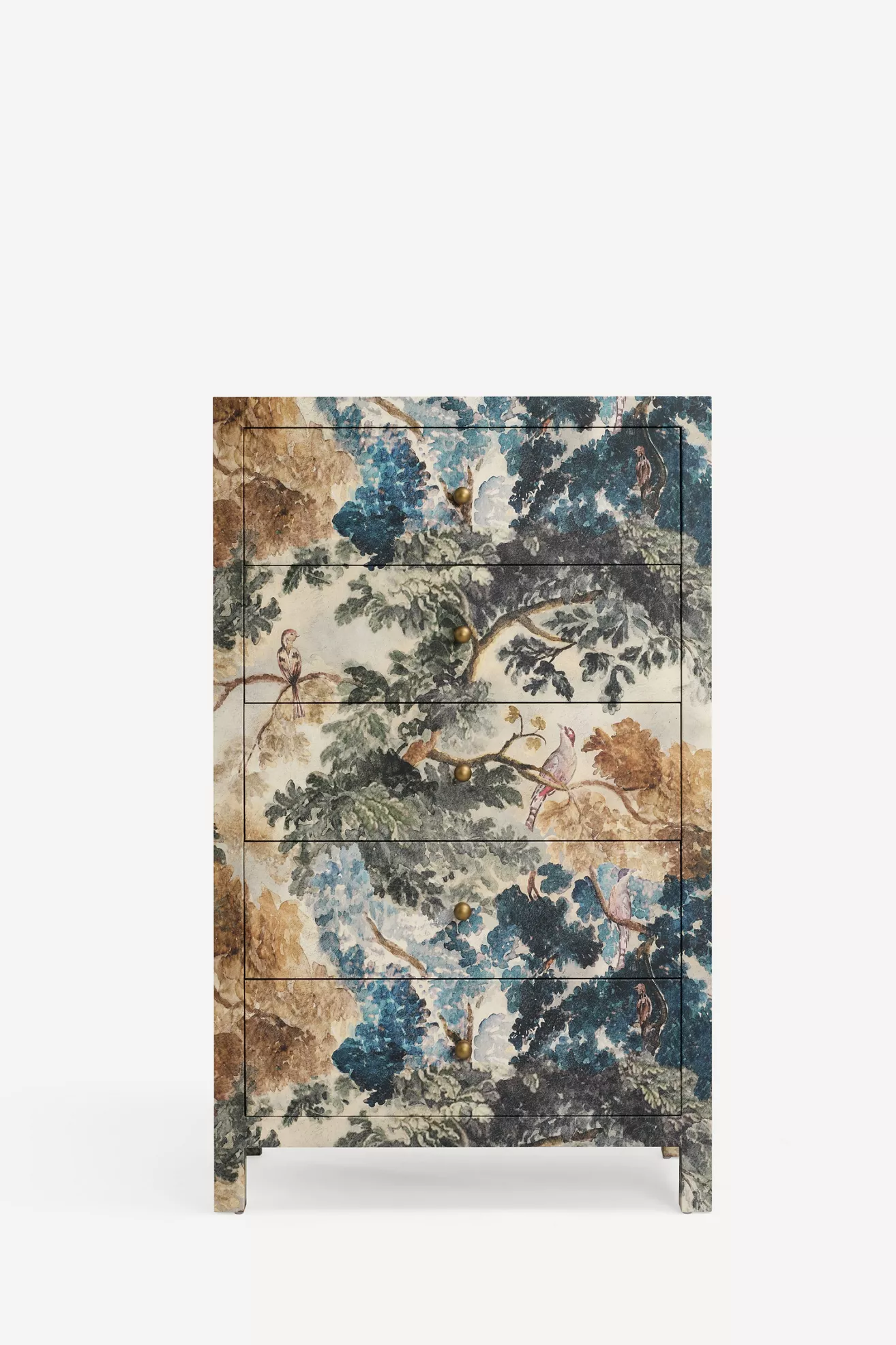 Front view of a tall dresser with five drawers in floral pattern