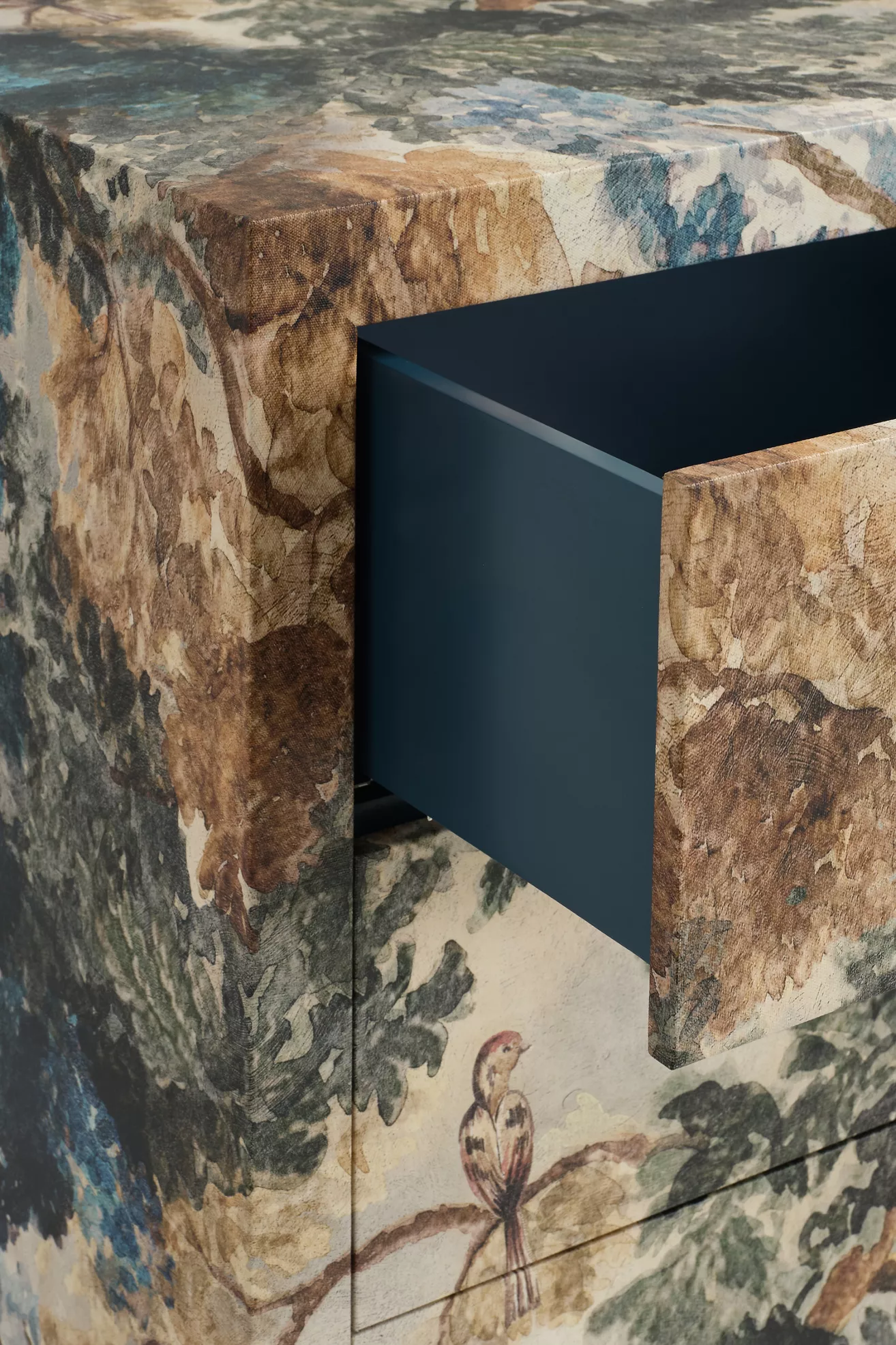 Open drawer showing dark blue interior