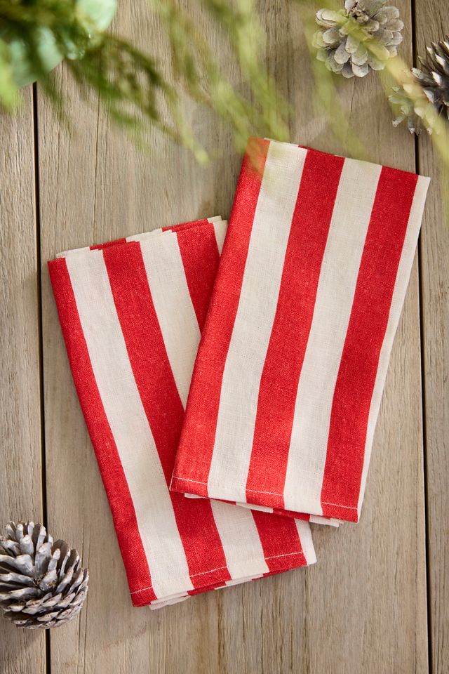 Red + White Stripe Linen Napkins, Set of 2 #1