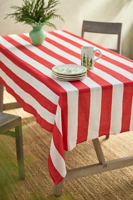 Red + White Stripe Linen Tablecloth