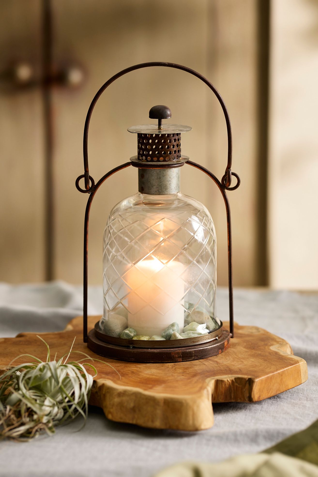 Cut Glass + Iron Lantern - Brown, One Size