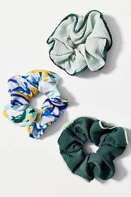By Anthropologie Colorblock Pattern Scrunchies, Set Of 3 In Green