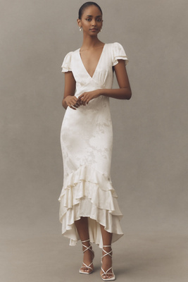 Bhldn Ruffle V-neck Textured Midi Dress In Neutral