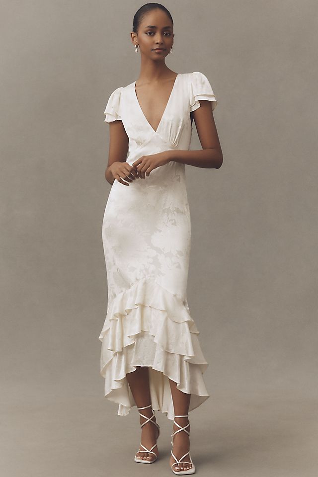 ruffle v neck dress Women's South Cove V-Neck | White | UPF 50+ The plunging V BHLDN Ruffle V-Neck Textured Midi
